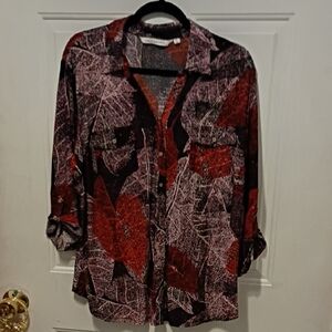 Emily Daniels Women's XXL Red and Black Embellished Abstract Button-Up Shirt